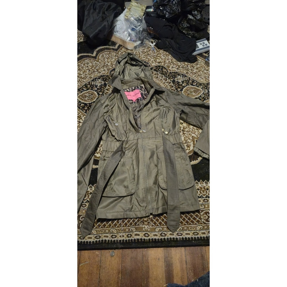 Betsey Johnson Women's Utility Jacket Hooded Green Leopard Lined Size M